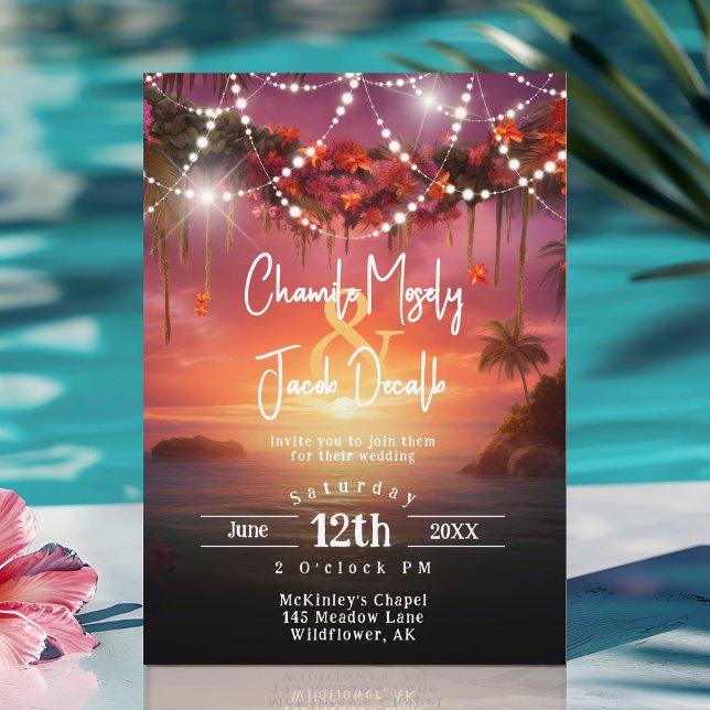 Invitation Lumières de Chaîne de Plage de Coucher de Soleil d (Tropical Summer Beach String Lights Wedding Invitation)