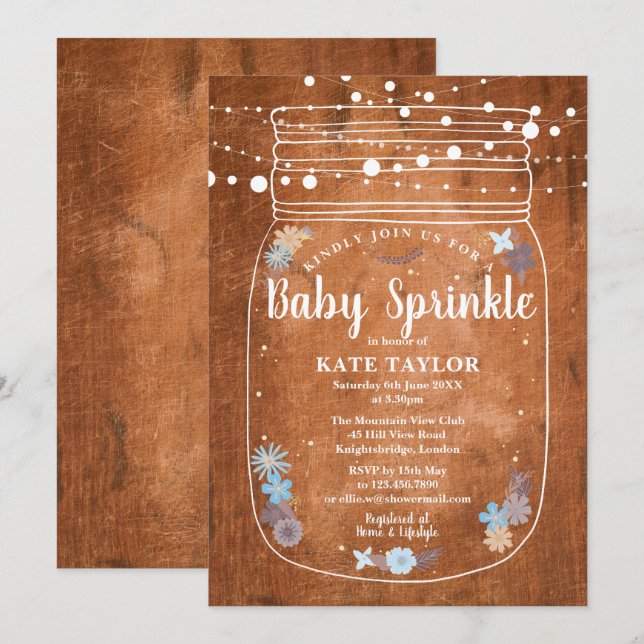 Invitation Lumières de chaîne de pot Mason pour Baby Sprinkle (Devant / Derrière)