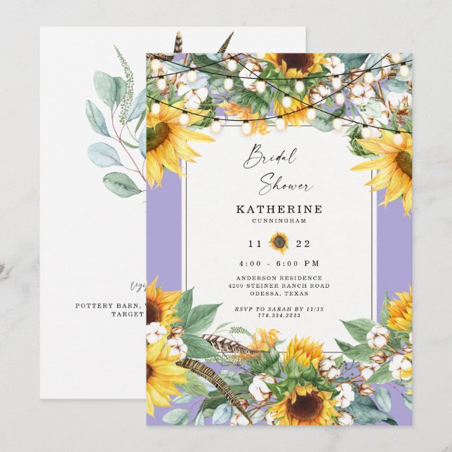 Invitation Lumières de chaîne de soleil rustique Lavande Mari (Devant / Derrière)