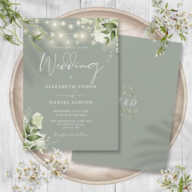 Invitation Lumières de Chaîne de Vert Sauge Floral Monogramme (Sage Green String Lights Floral Monogram Wedding Invitation)