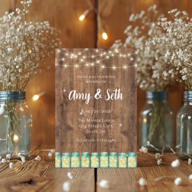 Invitation Lumières de Chaîne en Bois Rustique avec Pot Mason (Rustic barn wedding invite with blue mason jars and glowing string lights)