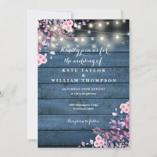 Invitation Lumières de Chaîne en Bois Rustique Bleu Fleur Mar