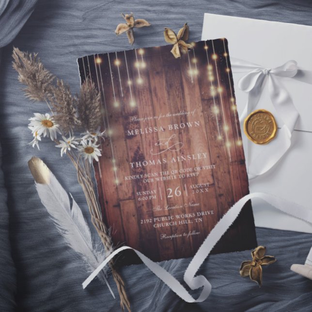 Invitation Lumières de Chaîne en Bois Rustique Élégant Code Q (Créateur téléchargé)