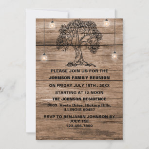 Invitation Lumières de chaîne en bois rustique et arbre Réuni