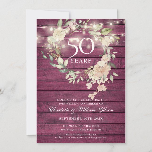 Invitation Lumières de Chaîne en Bois Rustique Floral 50e Ann (Devant)