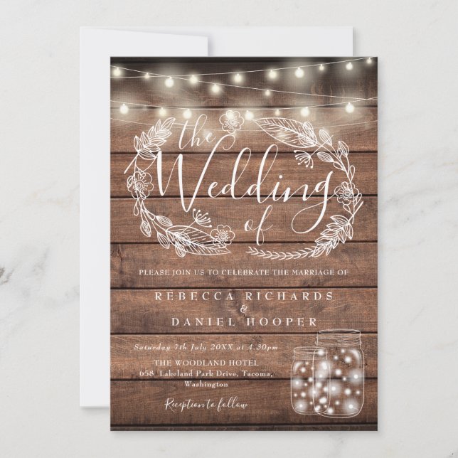 Invitation Lumières de Chaîne en Bois Rustique Mariage Bocaux (Devant)