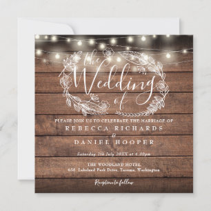 Invitation Lumières de Chaîne en Bois Rustique Mariage Carré