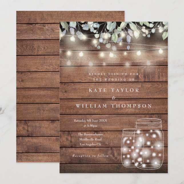Invitation Lumières de Chaîne en Bois Rustique Mariage Pot en (Devant / Derrière)