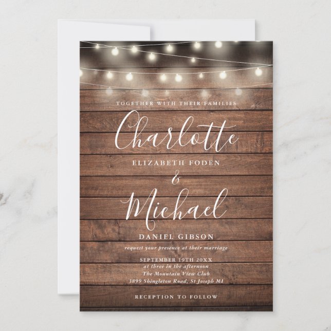 Invitation Lumières de Chaîne en Bois Rustique Script Mariage (Devant)
