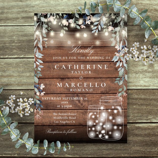 Invitation Lumières de Chaîne Florales Pot Mason en Bois Rust (Floral String Lights Mason Jar Rustic Wood Wedding Invitation)