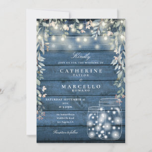 Invitation Lumières de Chaîne Florales Pots Mason Bleu Bois M