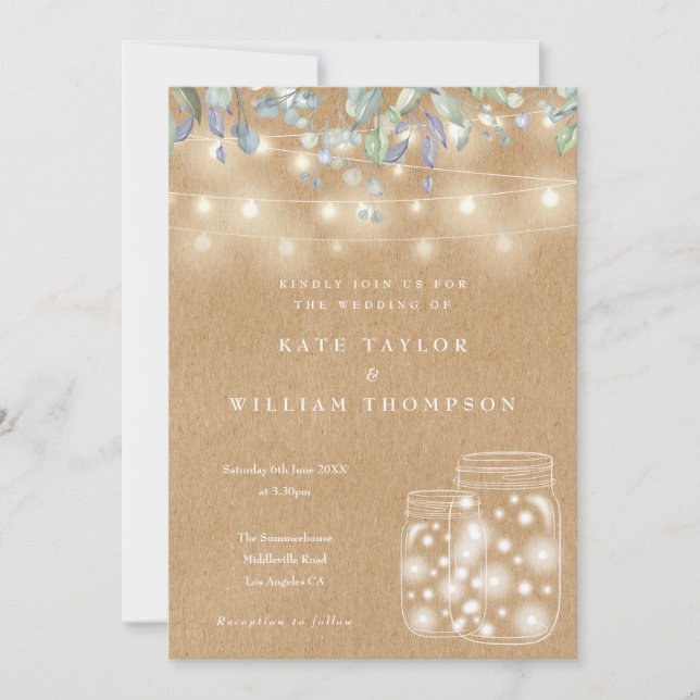 Invitation Lumières de Chaîne Kraft Rustique Mariage Pot Maso (Devant)