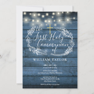 Invitation Lumières de Chaîne Rustique Bleu pour Première Com