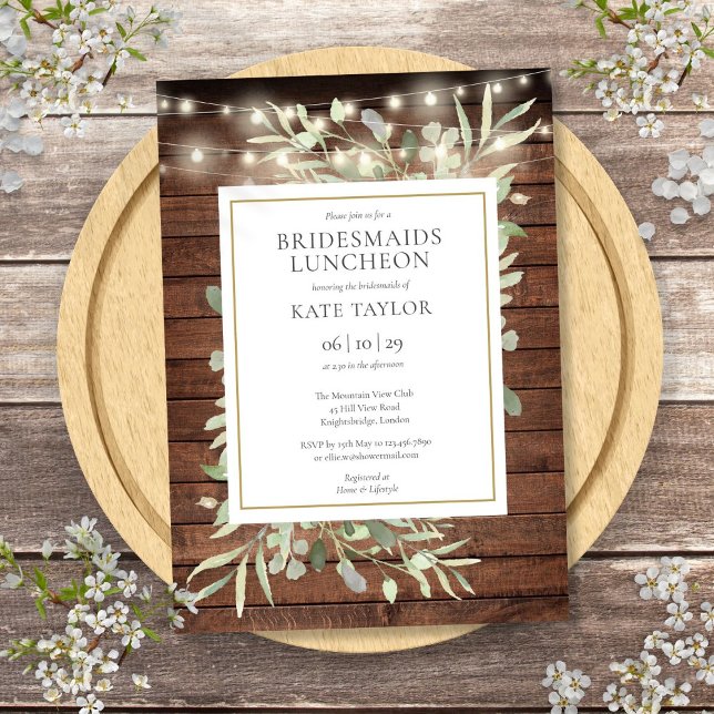 Invitation Lumières de Chaîne Rustiques de Verdure pour le Dé (Rustic String Lights Greenery Bridesmaids Luncheon Invitation)