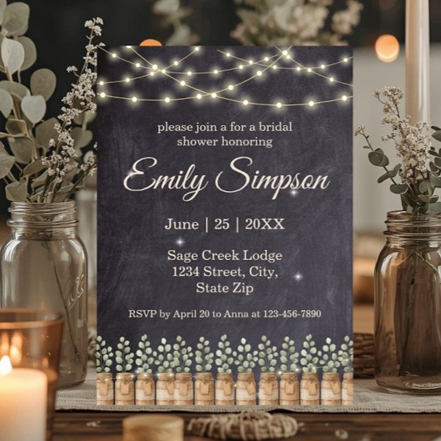 Invitation Lumières de Chaîne Rustiques Fête de Fiançailles E (Rustic eucalyptus bridal shower invitation with mason jars, string lights, and farmhouse charm.)