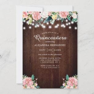 Invitation Lumières de Chaîne Rustiques Fleurs Blush Quinceañ