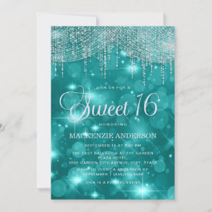 Invitation Lumières de chaîne turquoise Bokeh Sweet 16