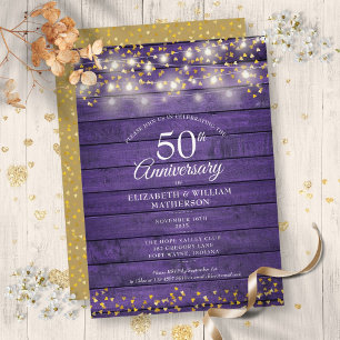 Invitation Lumières de corde de coeurs dorés 50e anniversaire