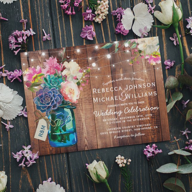Invitation Lumières de corde de pot de maçon rustique Fleurs  (Créateur téléchargé)