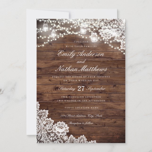 Invitation Lumières de corde de pot Mason en bois rustique po (Devant)