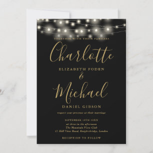 Invitation Lumières de corde d'or noir Script Photo Mariage 