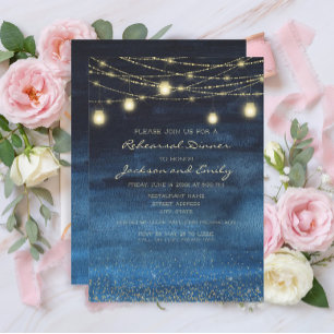 Invitation Lumières de corde dorée bleue marine Dîner de répé