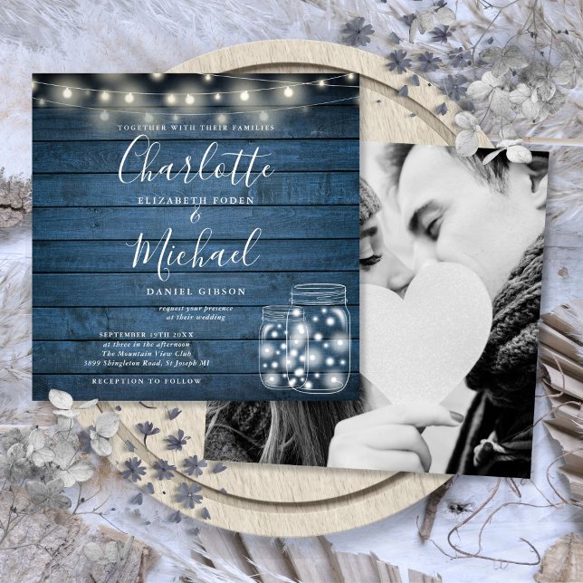Invitation Lumières de corde en bois bleu Mariage Photo pot M (Blue Wood String Lights Mason Jar Wedding Photo Invitation)