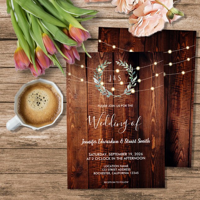 Invitation Lumières de corde en bois rustique monogramme mari (Rustic wood string lights monogram country Wedding Invitation. For your rustic country wedding.)