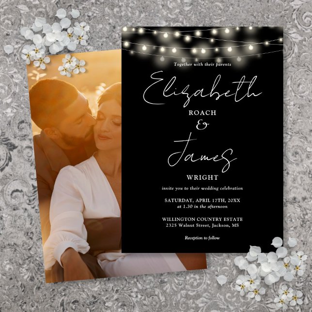Invitation Lumières de corde noir et blanc écriture Photo Mar (Black And White String Lights Script Photo Wedding Invitation)