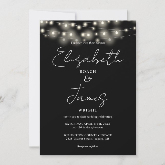 Invitation Lumières de corde noir et blanc Mariage chic scrip (Devant)