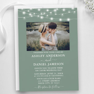 Invitation Lumières de corde vert sauge moderne Photo mariage