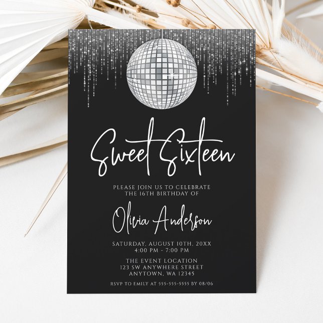 Invitation Lumières de disco Argent Noir Sweet 16 (Créateur téléchargé)