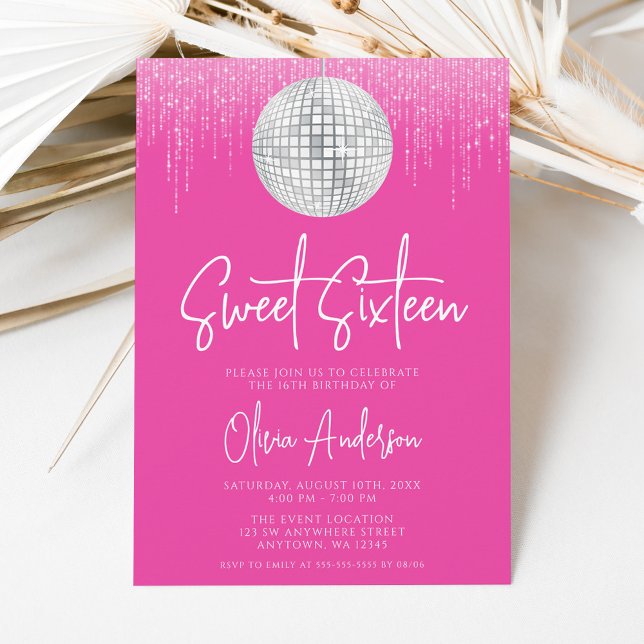 Invitation Lumières de disco Rose Argent Sweet 16 (Créateur téléchargé)