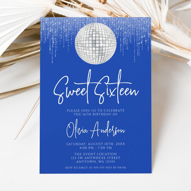 Invitation Lumières de disco Royal Blue Argent Douce 16 (Créateur téléchargé)
