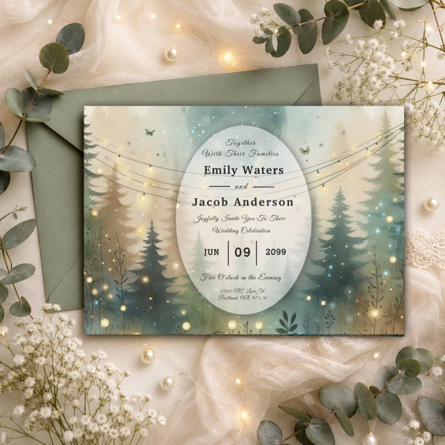 Invitation Lumières de Fée de Mariage Forêt de Pin Capriceuse (Créateur téléchargé)