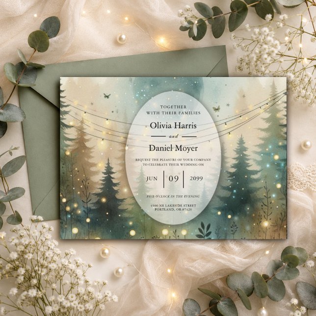 Invitation Lumières de Fée de Mariage Forêt de Pin Capriceuse (Créateur téléchargé)