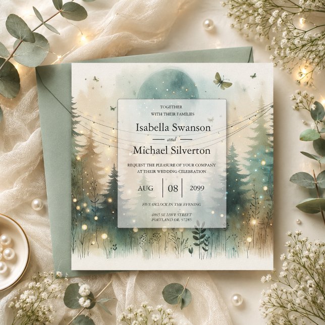 Invitation Lumières de Fée de Mariage Forêt de Pin Capriceuse (Créateur téléchargé)