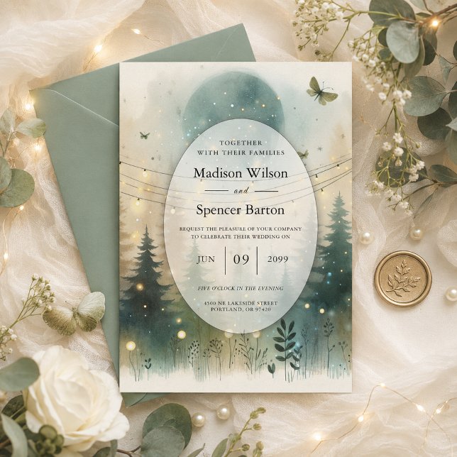 Invitation Lumières de Fée de Mariage Forêt de Pin Capriceuse (Créateur téléchargé)