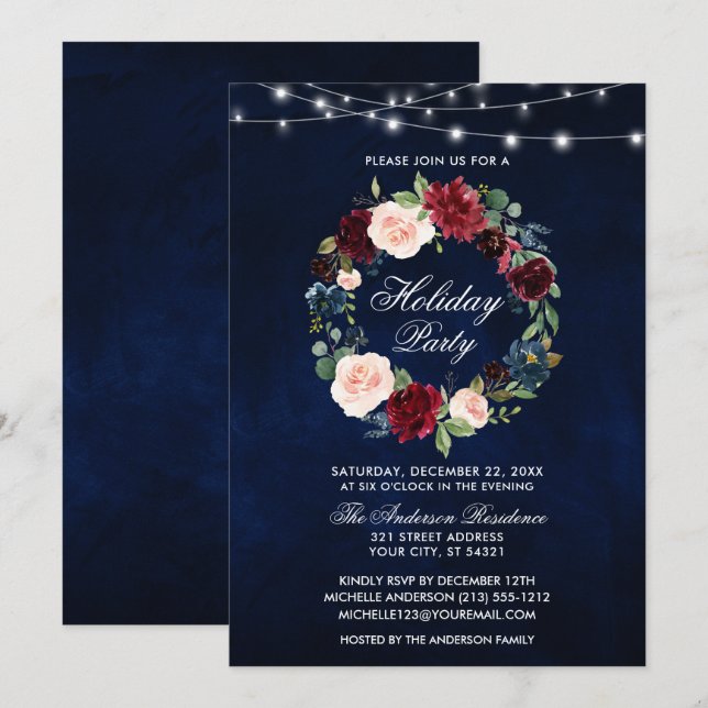 Invitation Lumières de fête de vacances florales à l'aquarell (Devant / Derrière)