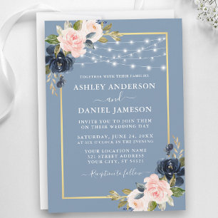 Invitation Lumières de Fête Florales Rose Poussiéreux Bleu Ma