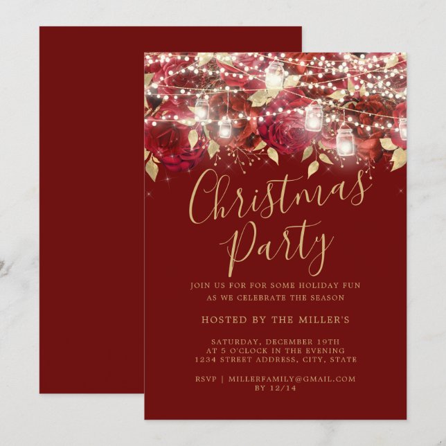Invitation Lumières de feuillage d'or rouge Fête de Noël   (Devant / Derrière)