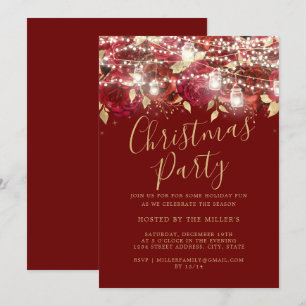 Invitation Lumières de feuillage d'or rouge Fête de Noël  