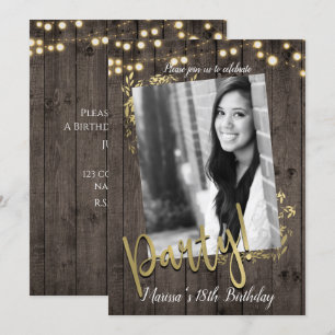 Invitation Lumières de feuilles d'or Bois foncé rustique Fête