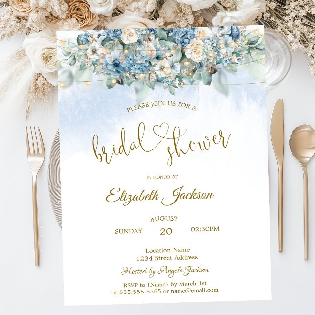 Invitation Lumières de ficelle de fleurs bleues chic douche d (Créateur téléchargé)