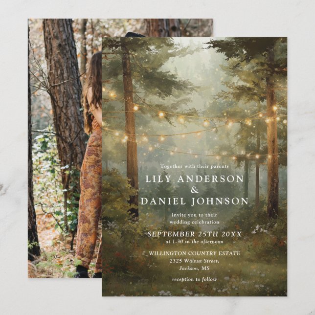Invitation Lumières de forêt Bohème rustique pour mariage (Devant / Derrière)