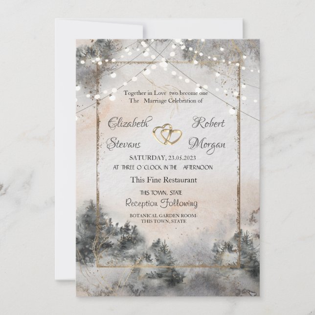 Invitation Lumières de forêt de bois pour mariage (Devant)