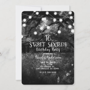 Invitation Lumières de forêt enchantée noir blanc pour fête S