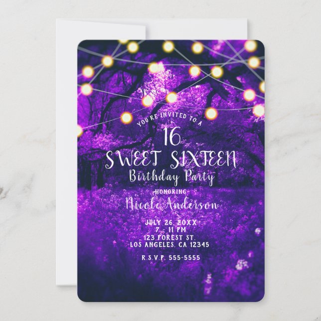 Invitation Lumières de forêt enchantée rustique violette pour (Devant)