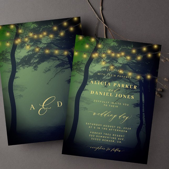 Invitation Lumières de forêt enchantées mariage or vert (Créateur téléchargé)