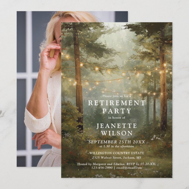 Invitation Lumières de forêt rustique pour la fête de retrait (Devant / Derrière)